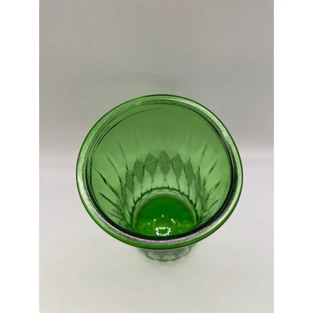 Vintage CFG Emerald Green Wide Mouth Diamond Leaf Pattern Vase 9.5
